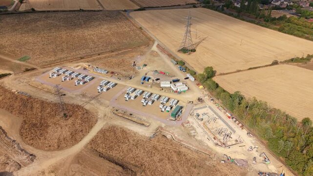 Eaton Socon Battery Storage BESS and High Voltage Powerlines Drone View UK