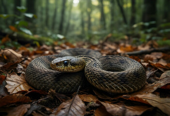 Fototapeta premium Wildlife conservation and biodiversity, wild snake coiled on forest floor with autumn leaves in natural habitat for environmental and nature photography