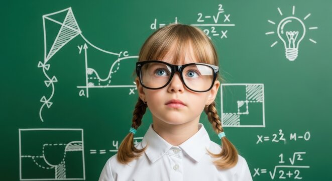 Smart little girl with glasses photo in front of a green chalkboard with math equations and science doodles