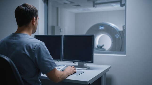 Radiographer at a medical imaging control console