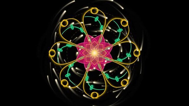 Abstract Mandala Flower Animation with Glowing Neon Patterns geometric pattern rotating motion background graphic loop kaleidoscope design symetry digital art visual effect pink yellow green black