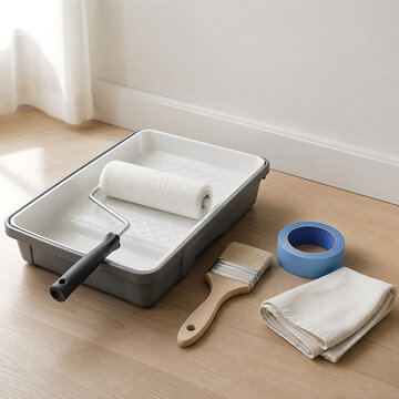 Home Interior Painting Essentials with Roller Tray, Brush and Painter's Tape on Light Floor