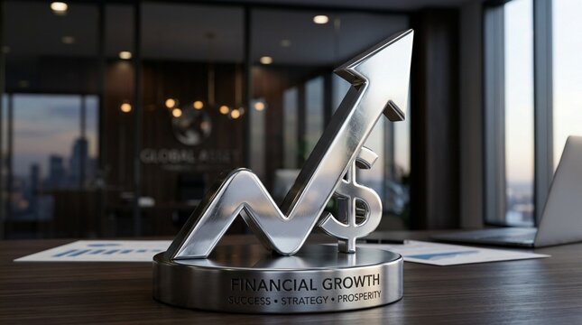 Silver financial growth arrow symbol with dollar sign in office setting, business concept