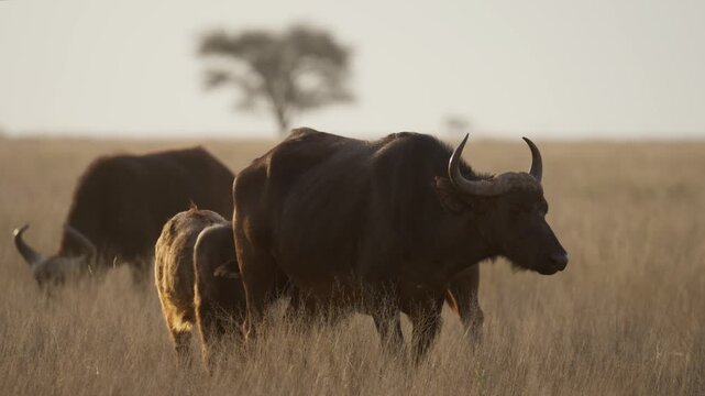 African buffalo (Syncerus caffer ) calf feeding from its mother from the rear, a characteristic nursing position, near Kimberley, Northern Cape, South Africa, show natural maternal behaviour.