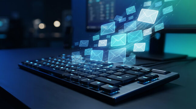 Glowing Email Envelopes Flying from Computer Keyboard Concept