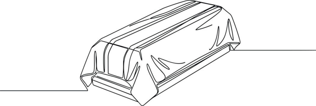 Minimalist single continuous line drawing of casket covered by draped cloth on flat surface black white graphic