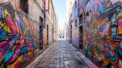 Fototapeta premium Urban Alleyway Covered with Colorful Graffiti Street Art Wall Murals