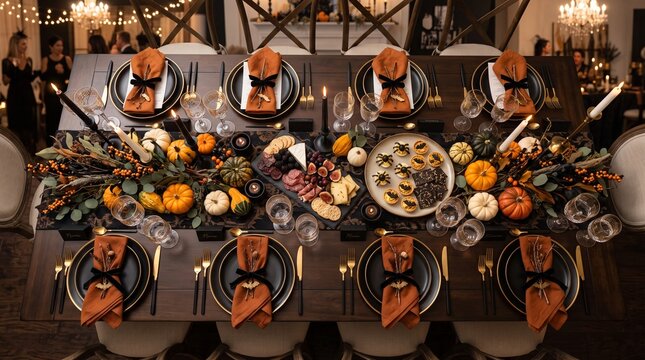 Elegant Halloween table setting with orange pumpkins and black plates, moody autumn dinner party decor, festive fall banquet with charcuterie and candles