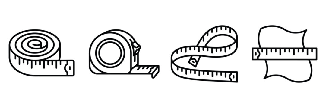 Set Of Four Measuring Tape Lineart Icons Isolated On Transparent Background For Construction And Sewing Projects