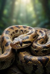 Fototapeta premium Wildlife conservation and biodiversity, coiled python snake in tropical rainforest habitat with natural sunlight and blurred jungle background
