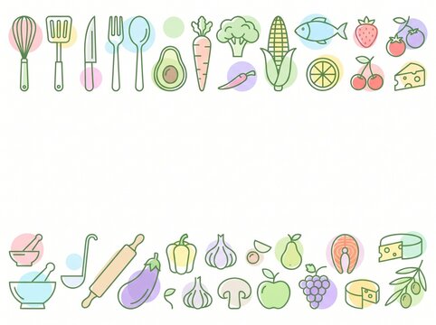 Culinary food and kitchen icons horizontal frame background with pastel watercolor spots and copy space for healthy eating recipe menu design