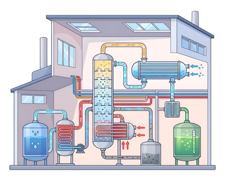 Detailed chemical plant interior with industrial distillation column, boilers, and complex piping system inside a building cutaway
