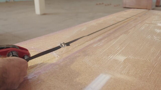 Factory worker using manual strapping tool to tighten plastic band on wooden particle board chipboard panels for shipping