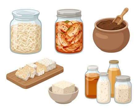 Fermented foods collection including kimchi, tofu, tempeh, and various jars of probiotic ingredients