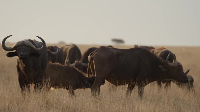 African buffalo (Syncerus caffer ) calf feeding from its mother from the rear, a characteristic nursing position, near Kimberley, Northern Cape, South Africa, show natural maternal behaviour.