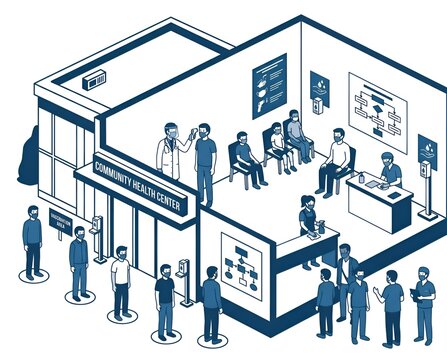 Isometric vector illustration of people queuing and consulting at a community health center