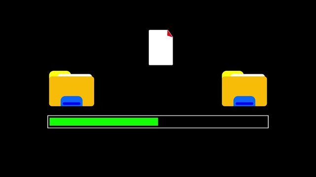 File sharing animation showing document moving between two folders with progress bar. Ideal for data migration and backup concepts. 4k