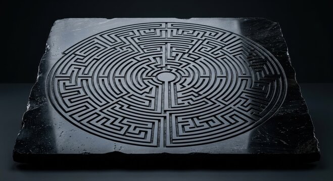 Intricate Circular Labyrinth Etched into Dark Stone Surface, Complex Geometric Design