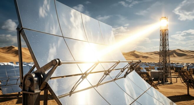 Massive solar heliostats reflect bright sunlight in a desert landscape, capturing renewable energy for power generation