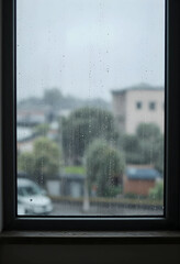 Obraz premium Loneliness and melancholy, rainy day view through a window with water droplets and blurred urban landscape in a gloomy atmosphere of isolation and sadness