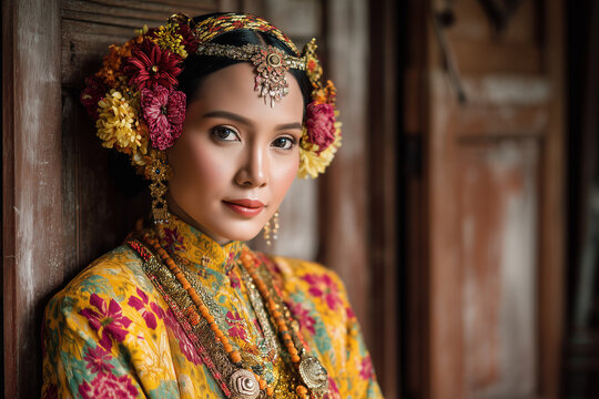 Traditional indonesian woman in ceremonial dress with gold headpiece