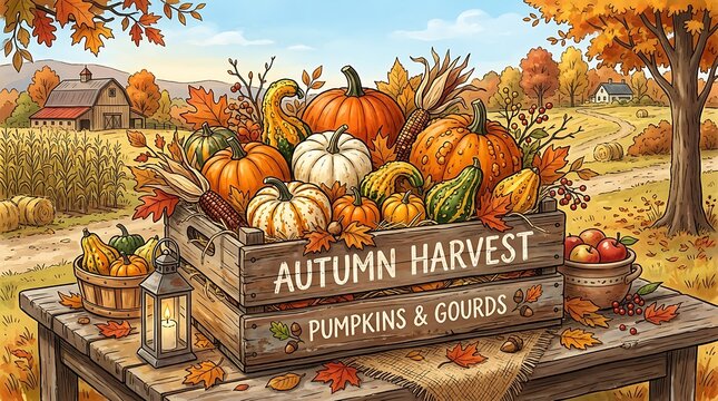 Autumn harvest pumpkins and gourds in a wooden crate illustration.