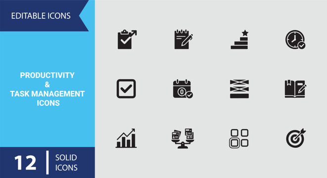 Task Organization and Productivity Icons Solid icon set. Task Management Productivity Workflow Organization and Daily Checklist Symbols