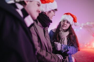 Naklejka premium Three friends wearing Santa hats talk together at a nighttime winter event. A candid holiday conversation scene with festive lighting and cold-weather clothing.