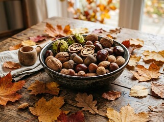 Obraz premium Bowl of autumn nuts and chestnuts on wooden table.