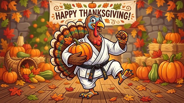 Thanksgiving turkey wearing karate gi holding pumpkin in autumn setting.