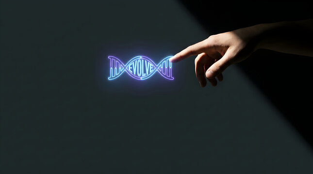 Human hand pointing at glowing neon dna helix symbol with the word evolve on dark background