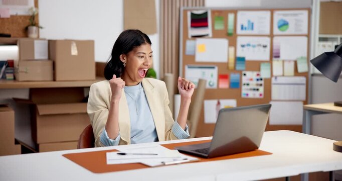 Happy, woman and celebration with laptop for ecommerce success, wow and achievement for sales stats. Excited, person and retail seller cheer in small business with computer, revenue data or milestone