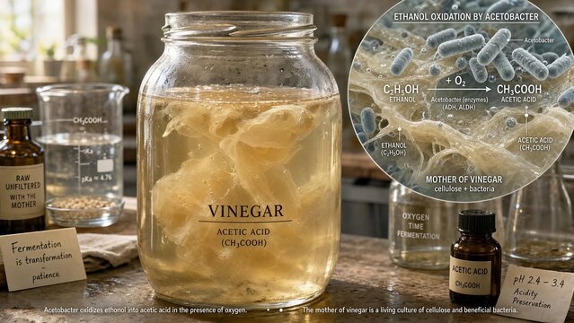 Vinegar acetic acid bottle with a zoomed inset showing ethanol being oxidized by acetic acid bacteria to acetic acid, enzymatic reaction pathway, mother of vinegar biofilm structure