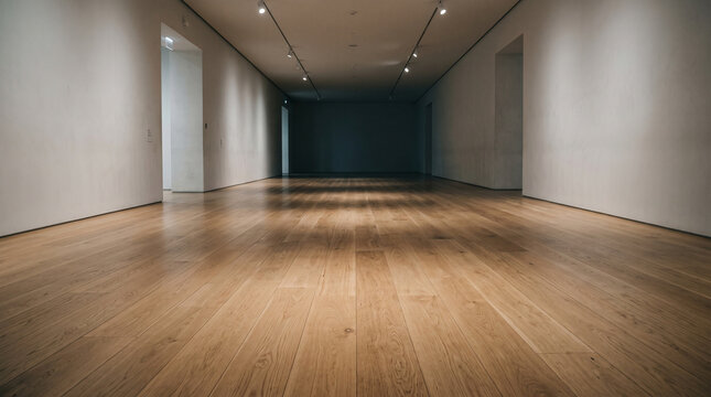 Empty Modern Museum Gallery with Premium Oak Hardwood Floor Background