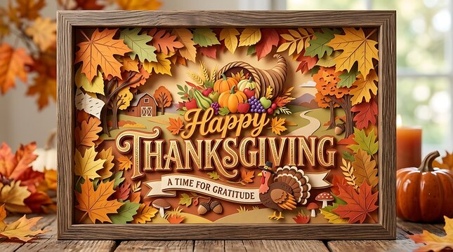 Thanksgiving shadowbox frame art with turkey cornucopia and foliage.