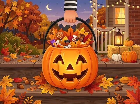 Hand holding pumpkin bucket filled with candy and colorful leaves.