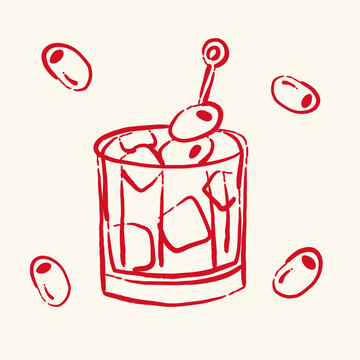 Red Hand Drawn Cocktail Glass With Olives Illustration, Retro Beverage Sketch Vector For Bar Menu, Drink Poster, Label, Party Invitation, Craft Packaging And Cafe Decor
