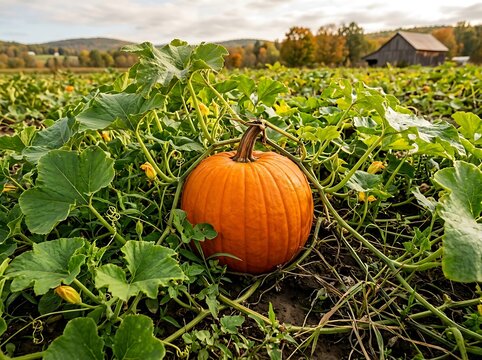 Orange pumpkin in green leaves in autumn field on pumpkin patch farm.