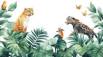 Fototapeta premium animals in the jungle seamless pattern, watercolor illustration, white background
