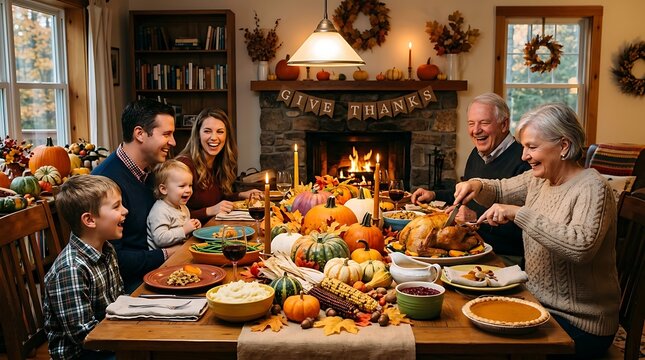 Happy multi generation family enjoys thanksgiving dinner near firebox.