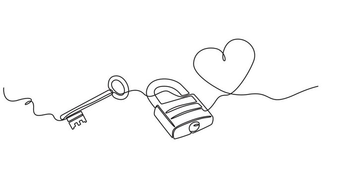 key and padlock with love shape animation continuous line drawing, Heart Shape continuous drawing 4K Animation Video elegant seamless , Happy valentines day. Concept of romantic date.pro animation 
