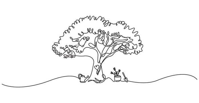 Animation of single continuous line drawing leafy tree with the middle of the branches forming love shape. A very shady tree that is cared for with all the heart. Tree Concept. 4k Full length motion 