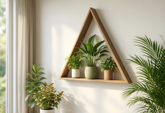 Biophilic design and home wellness, triangle wooden shelf with indoor plants for sustainable living and interior decoration in a bright modern room