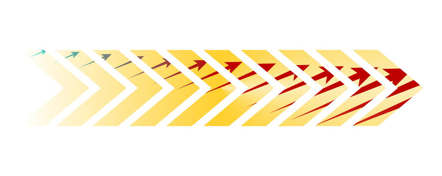 Yellow gradient chevron arrow pattern with fade effect pointing right on transparent background. Gradient chevron arrow pattern. Abstract directional movement design. Modern forward indicator symbol 
