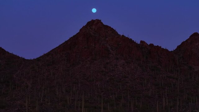 Aerial view of Sonoran Desert mountain under full moon, United States.