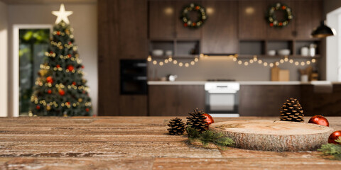 Obraz premium 3D Illustration of Christmas Decorated Kitchen with Pine Cones and Red Ornaments on Rustic Wooden Countertop