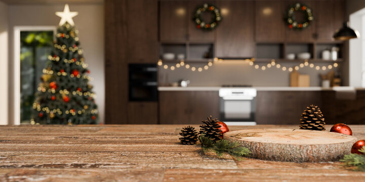 3D Illustration of Christmas Decorated Kitchen with Pine Cones and Red Ornaments on Rustic Wooden Countertop