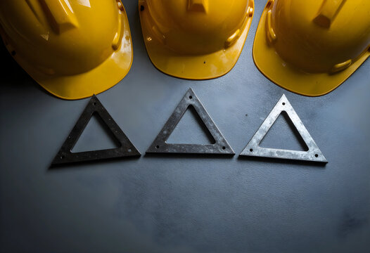 Construction safety and industrial engineering, yellow hard hats with metal triangular components on a dark surface for infrastructure development projects