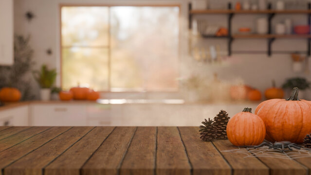 3D Illustration of Halloween Kitchen Decoration with Pumpkins and Pinecones on Wooden Table