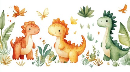 Obraz premium cartoon baby dinosaurs seamless pattern, watercolor illustration, white background